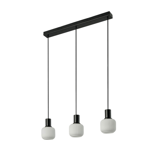 Milford Mini Linear Pendant in Black with Ribbed Opal Glass Shades