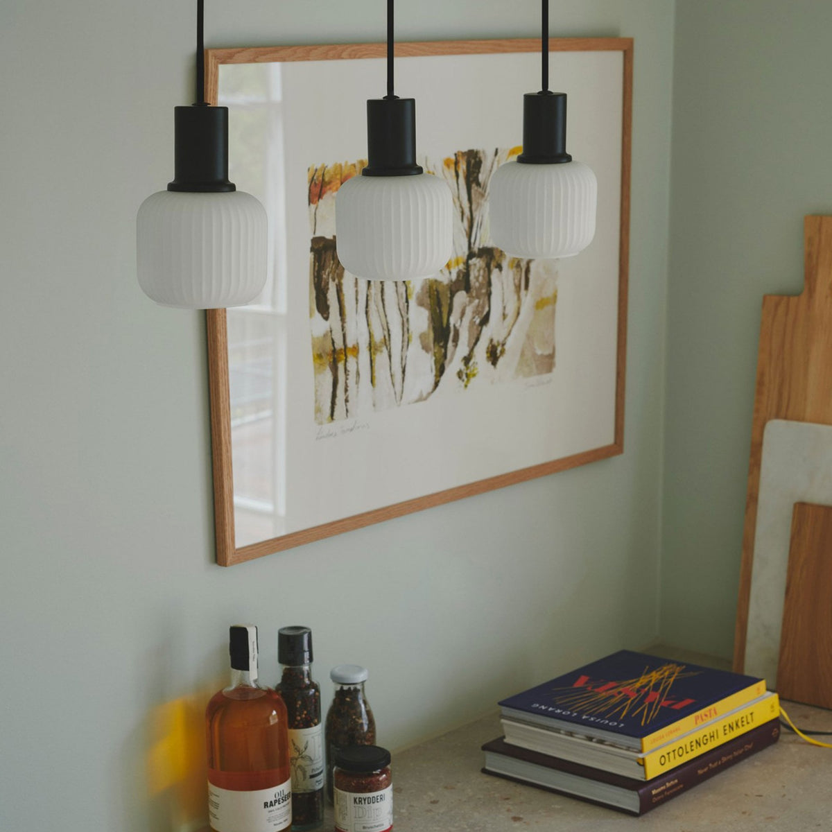 Milford Mini Linear Pendant in Black with Ribbed Opal Glass Shades