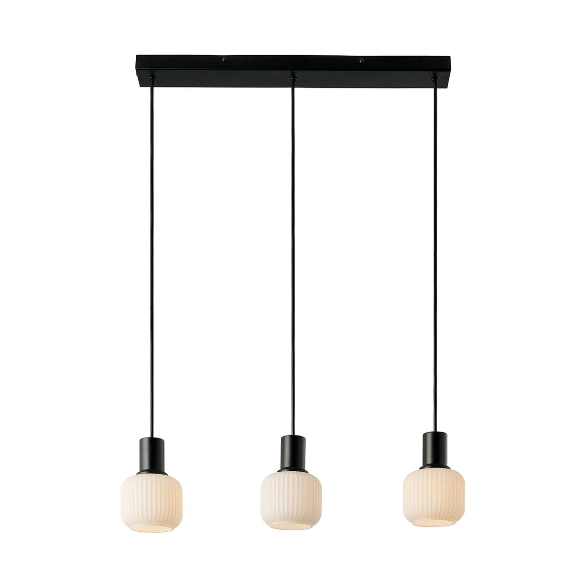 Milford Mini Linear Pendant in Black with Ribbed Opal Glass Shades