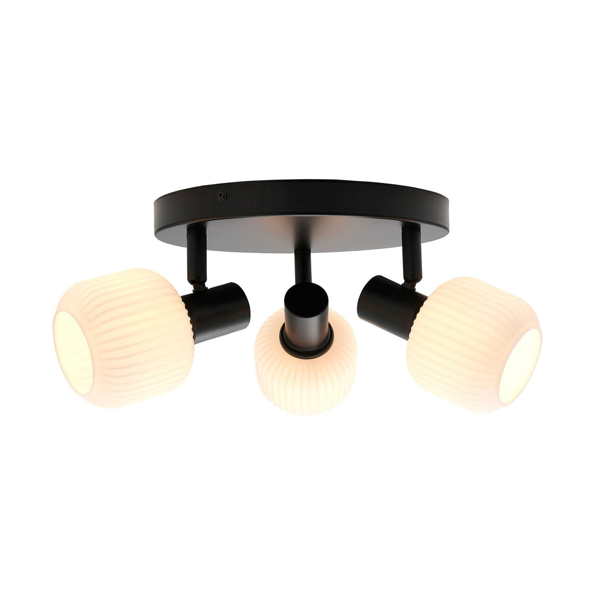 A long black ceiling light base with three adjustable white fluted glass shades.