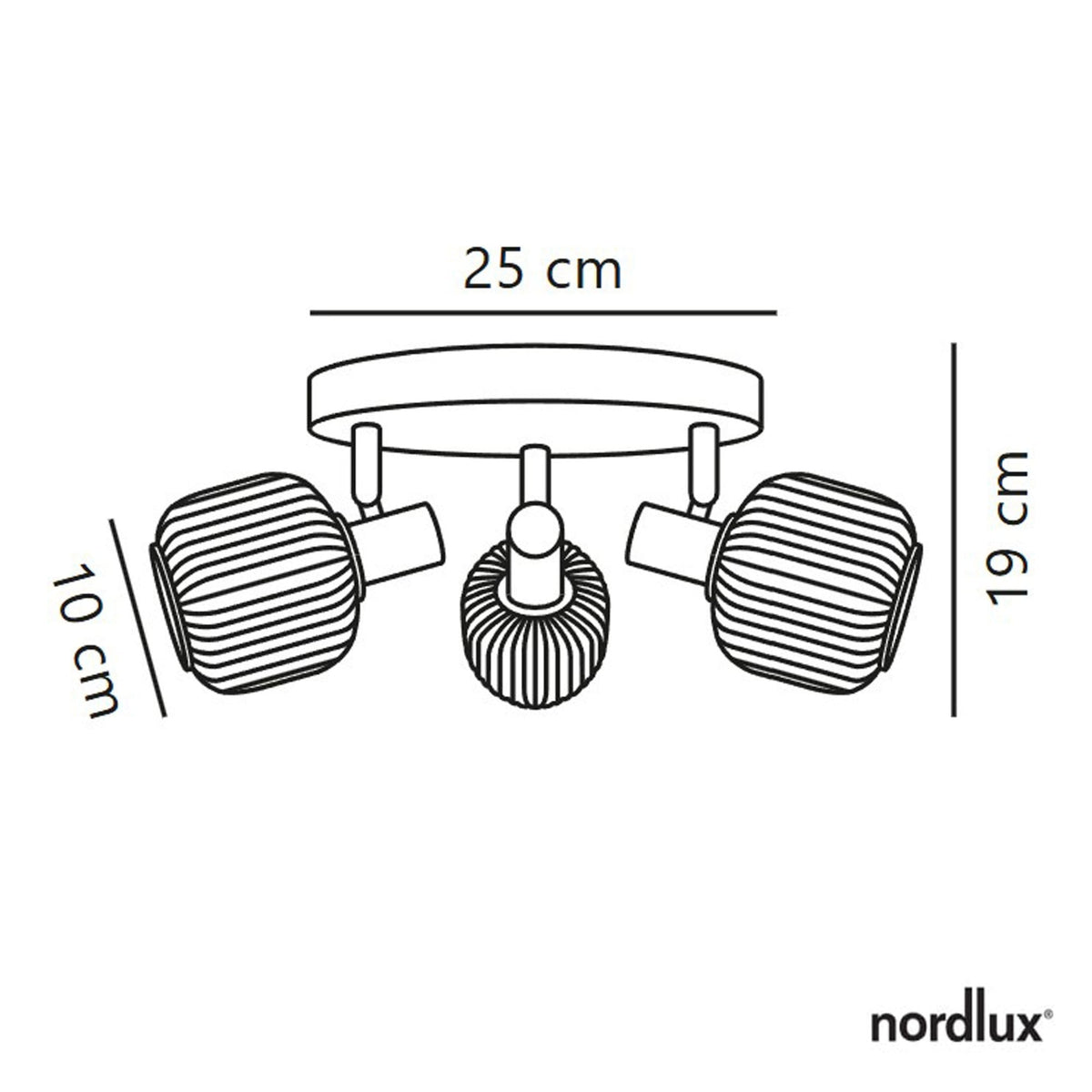 A line drawing of a 3-spot ceiling light showing dimensions of 25cm width and 19cm height.