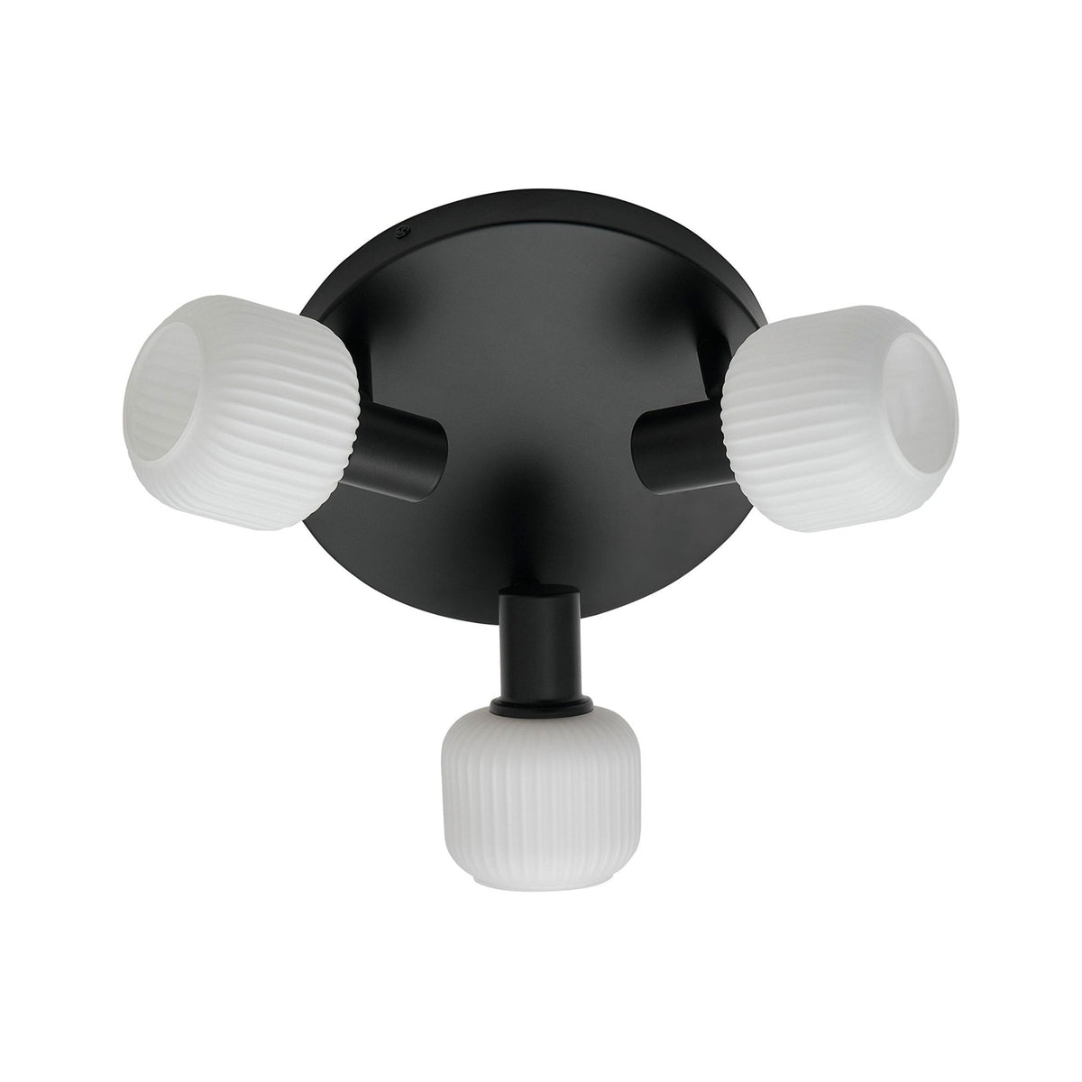 A round black ceiling light with three adjustable white fluted glass shades.