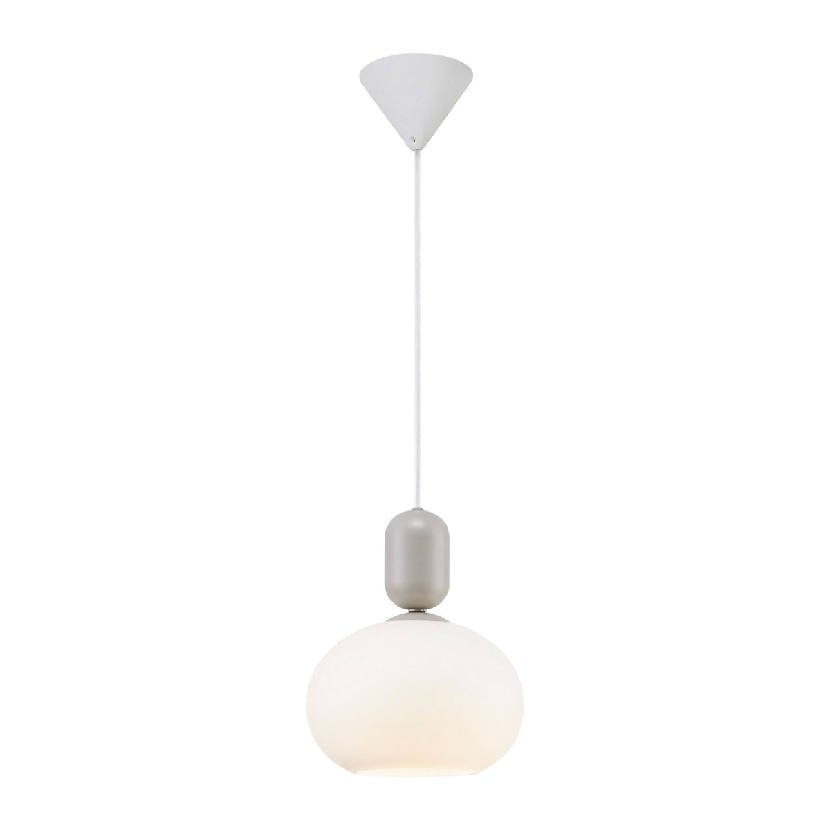 White pendant light with a spherical glass shade and a grey cylindrical fixture