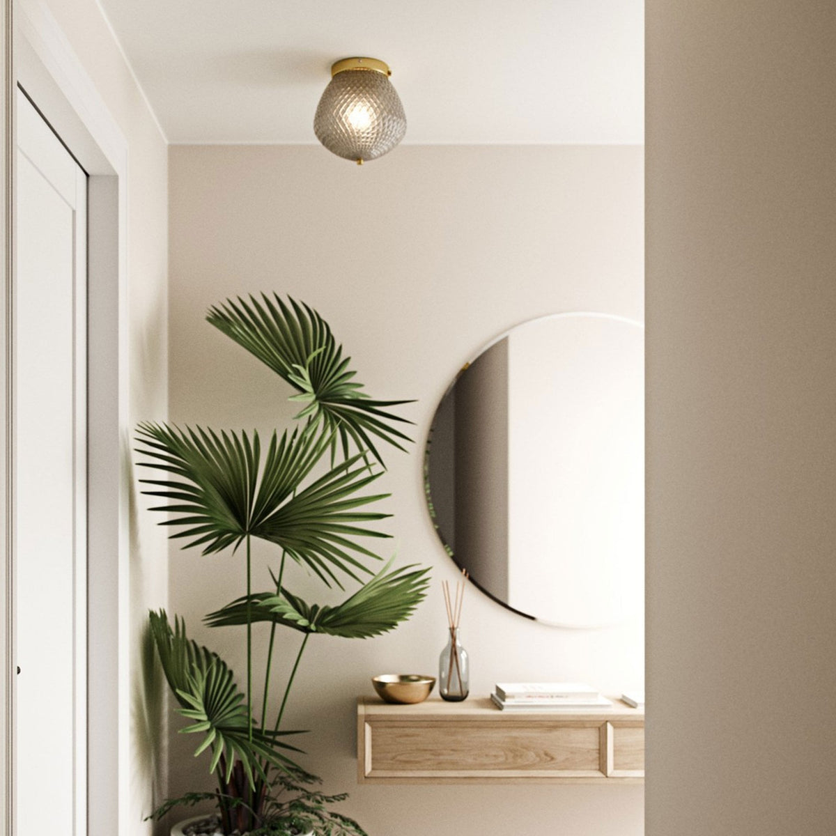 Orbiform Ceiling Light in Brass With Textured Glass Shade