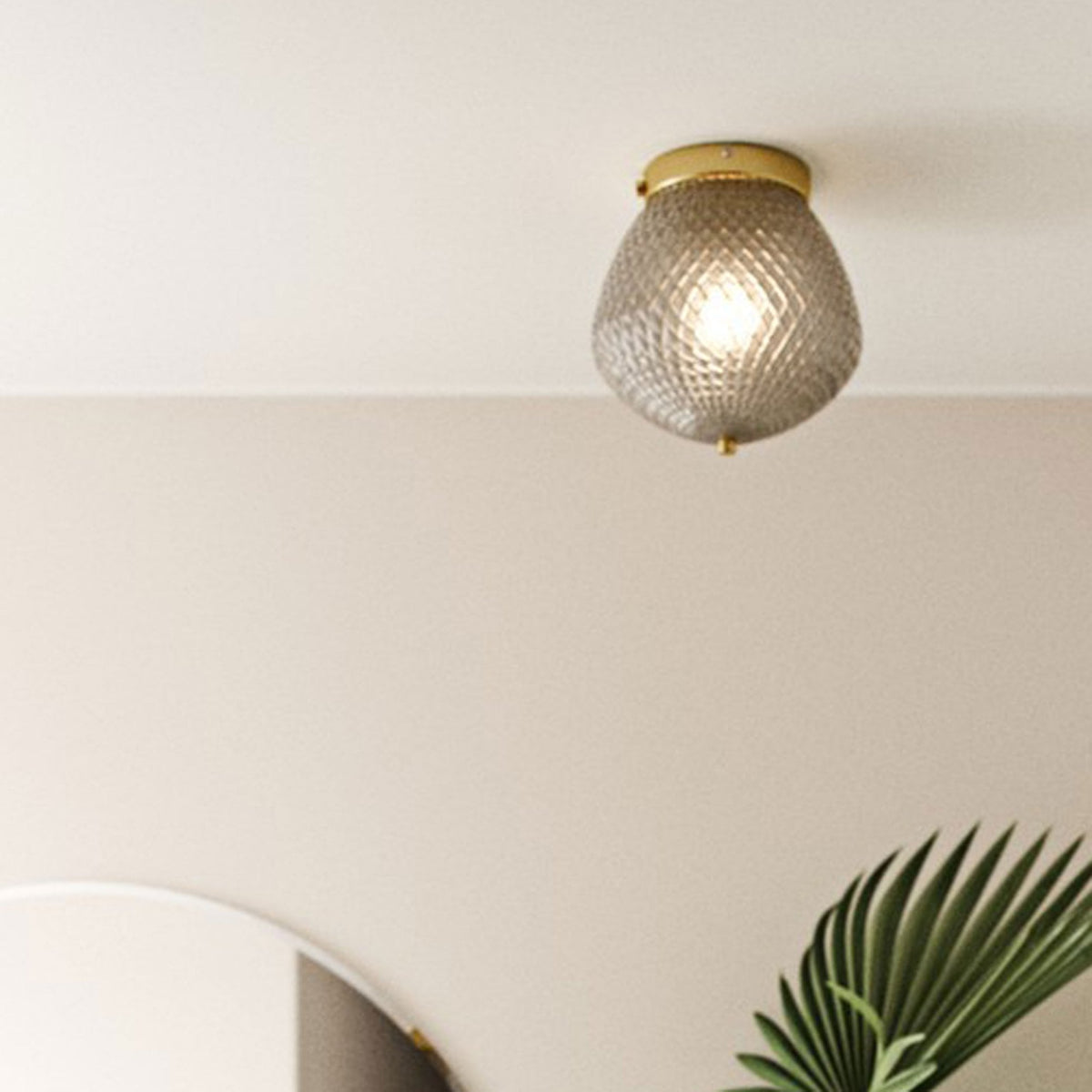 Orbiform Ceiling Light in Brass With Textured Glass Shade
