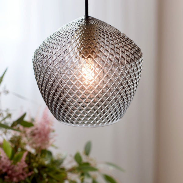 Orbiform Pendant in Brass With Textured Glass Shade