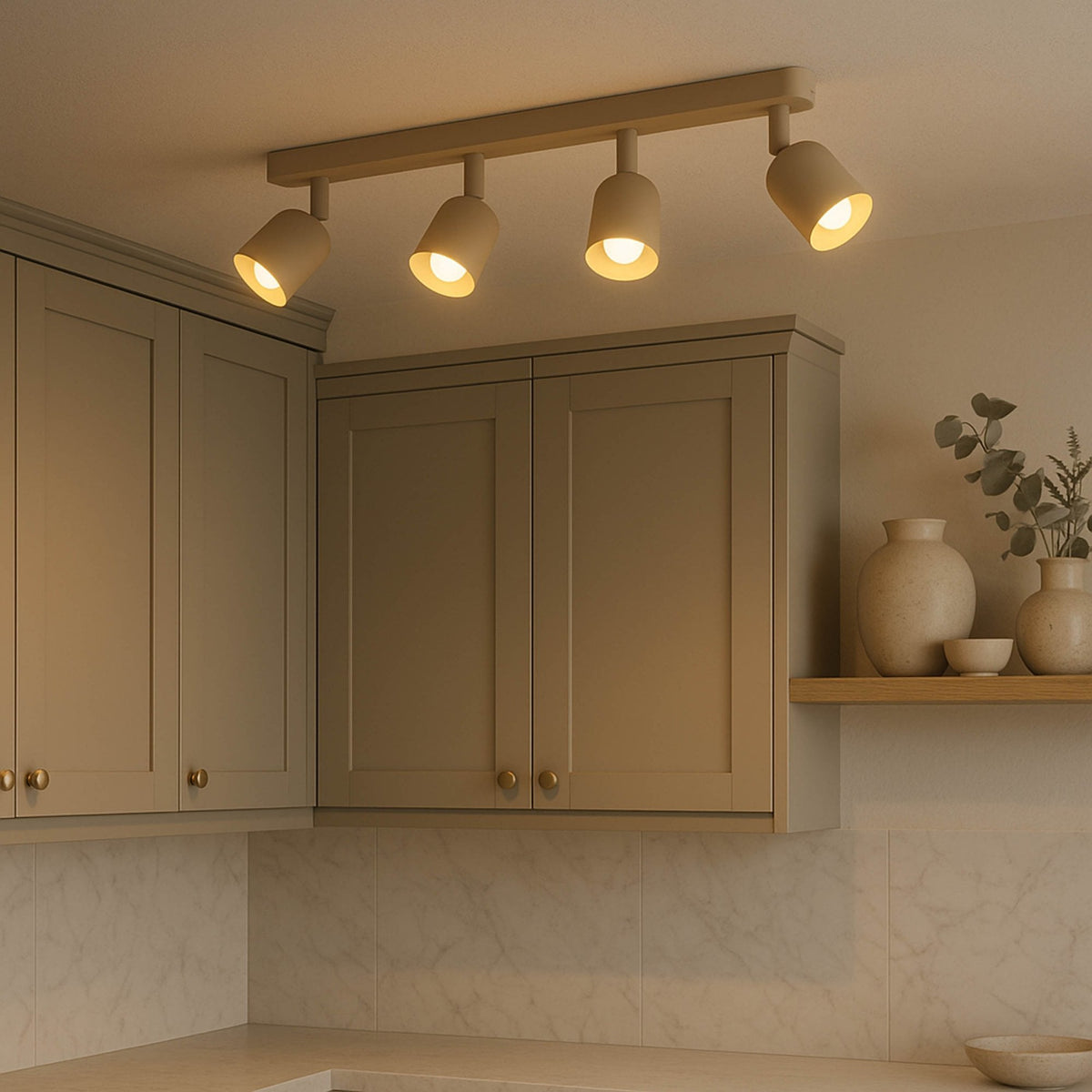 Eglo Tilston Minimalist Four Lamp Bar Spotlight in a Sandy Finish illuminating a kitchen