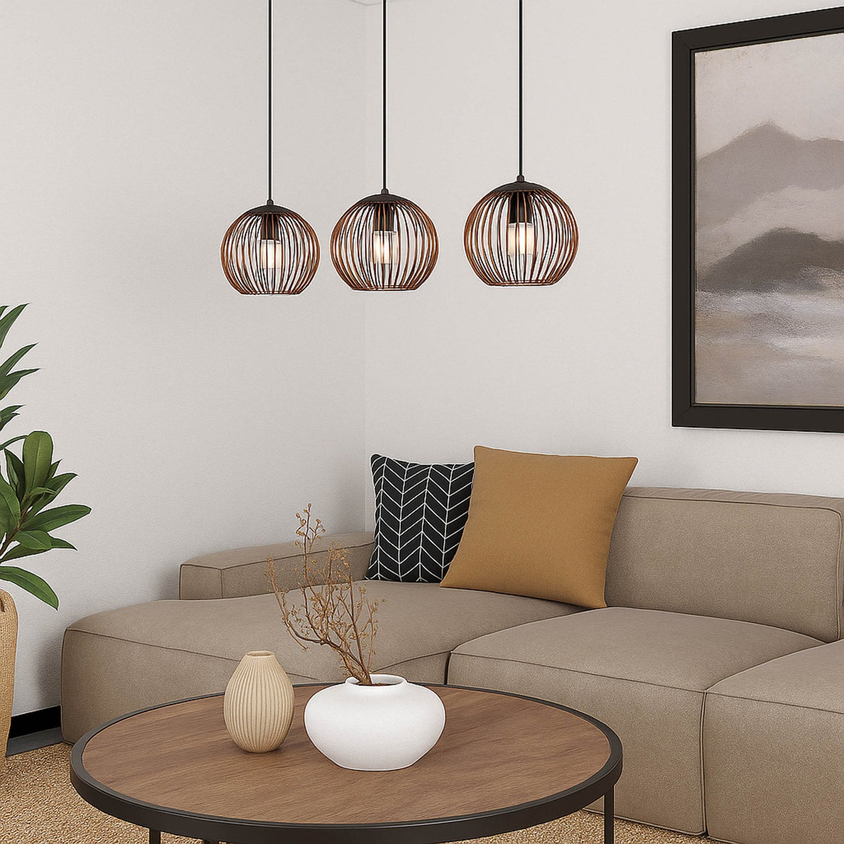 Almanzora Triple Drop Steel Wire Linear Pendant Light in Black and Copper