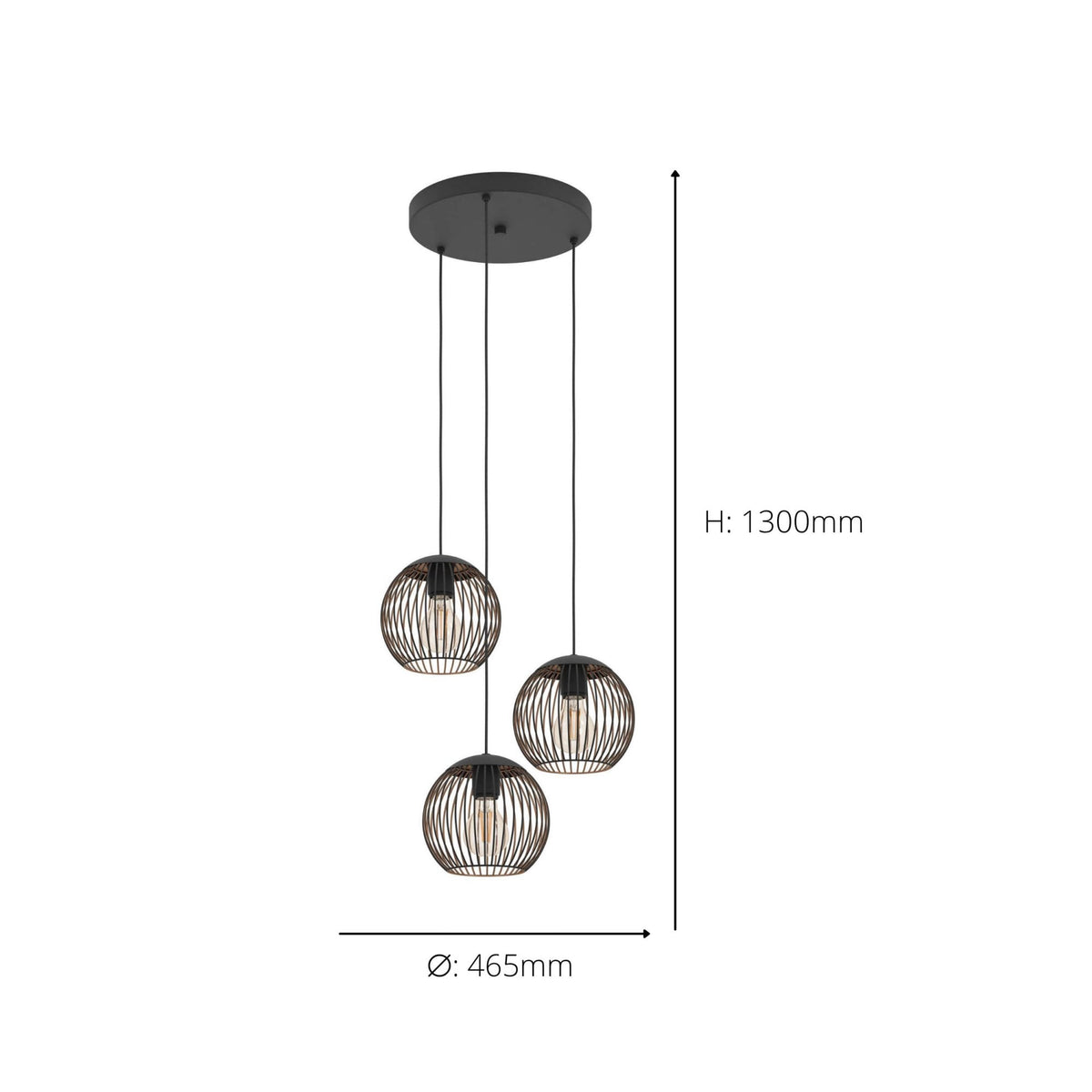 Almanzora Triple Drop Steel Wire Round Pendant Light in Black and Copper