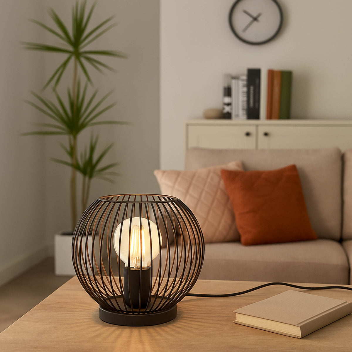 Eglo Almanzora Wire Table Lamp in Black and Copper on a wooden table
