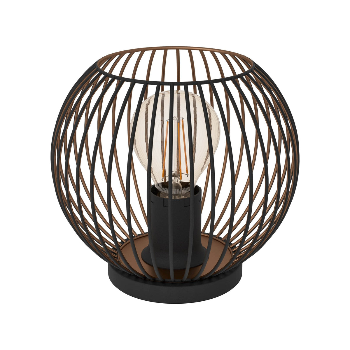 Eglo Almanzora Wire Table Lamp in Black and Copper with a visible filament bulb