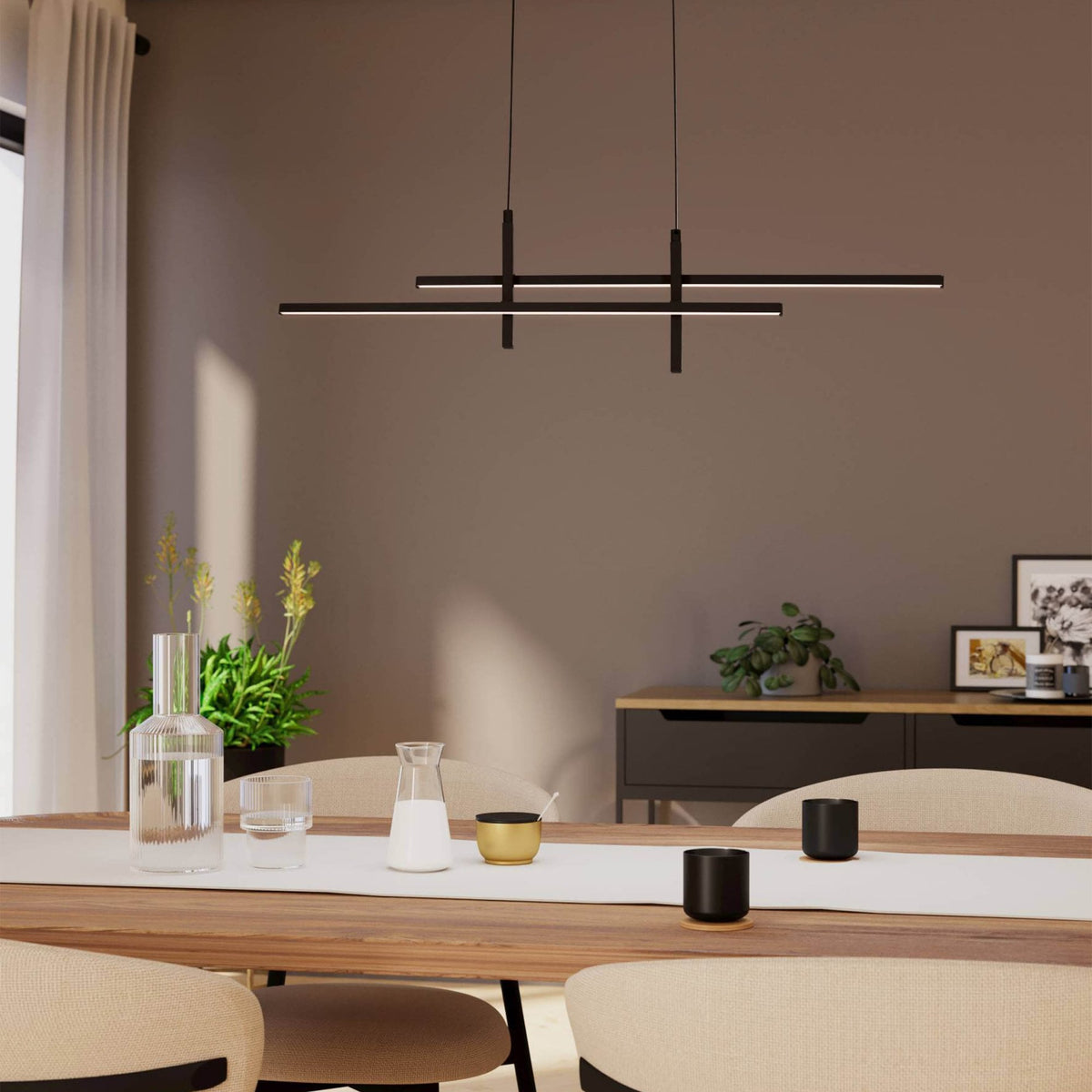 Eglo Trepiliano LED Linear Pendant Light in Black with White Diffusers over a dining table