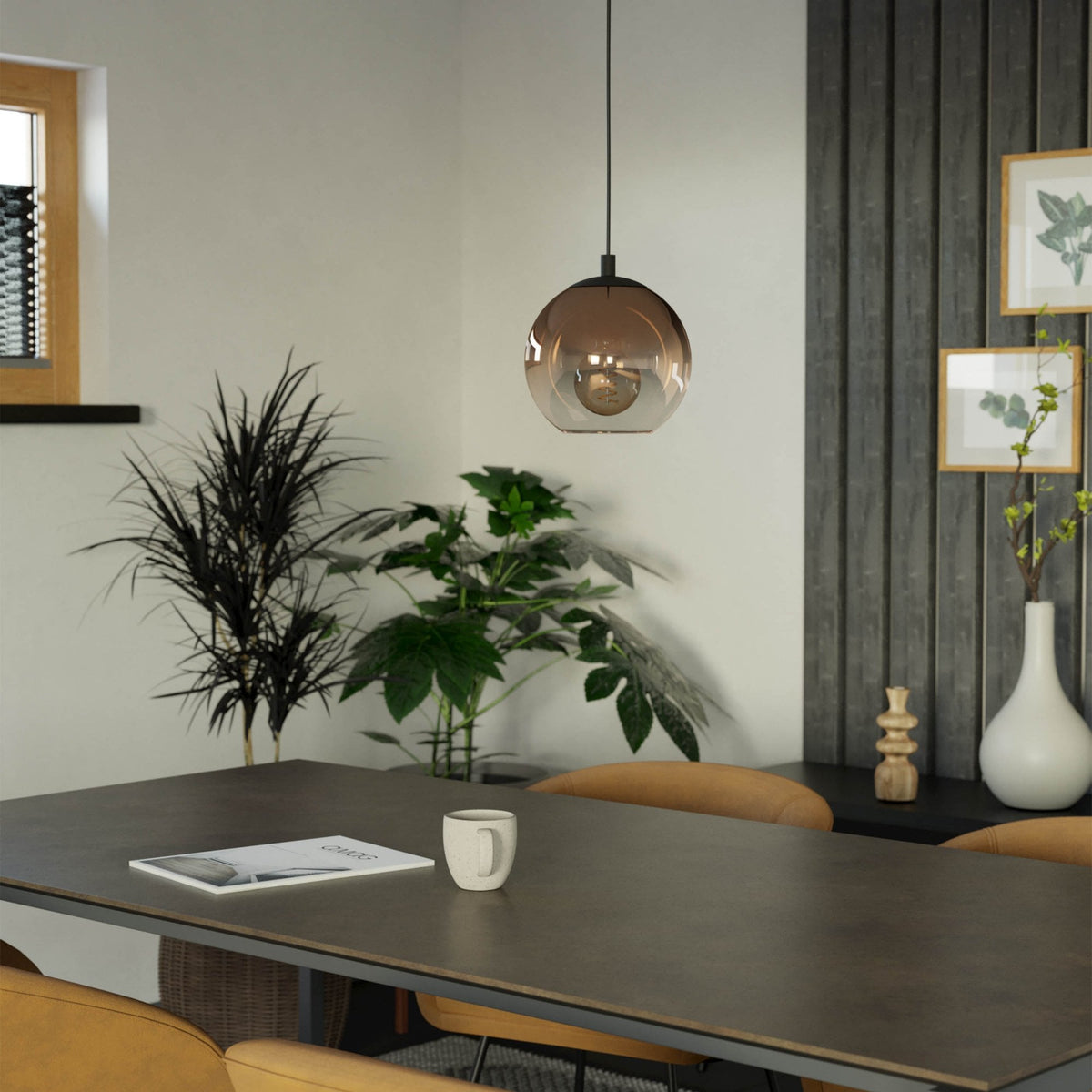 Ariscani 1 Single Drop Pendant Light in Black with Copper Ombre Effect Vaporized Glass