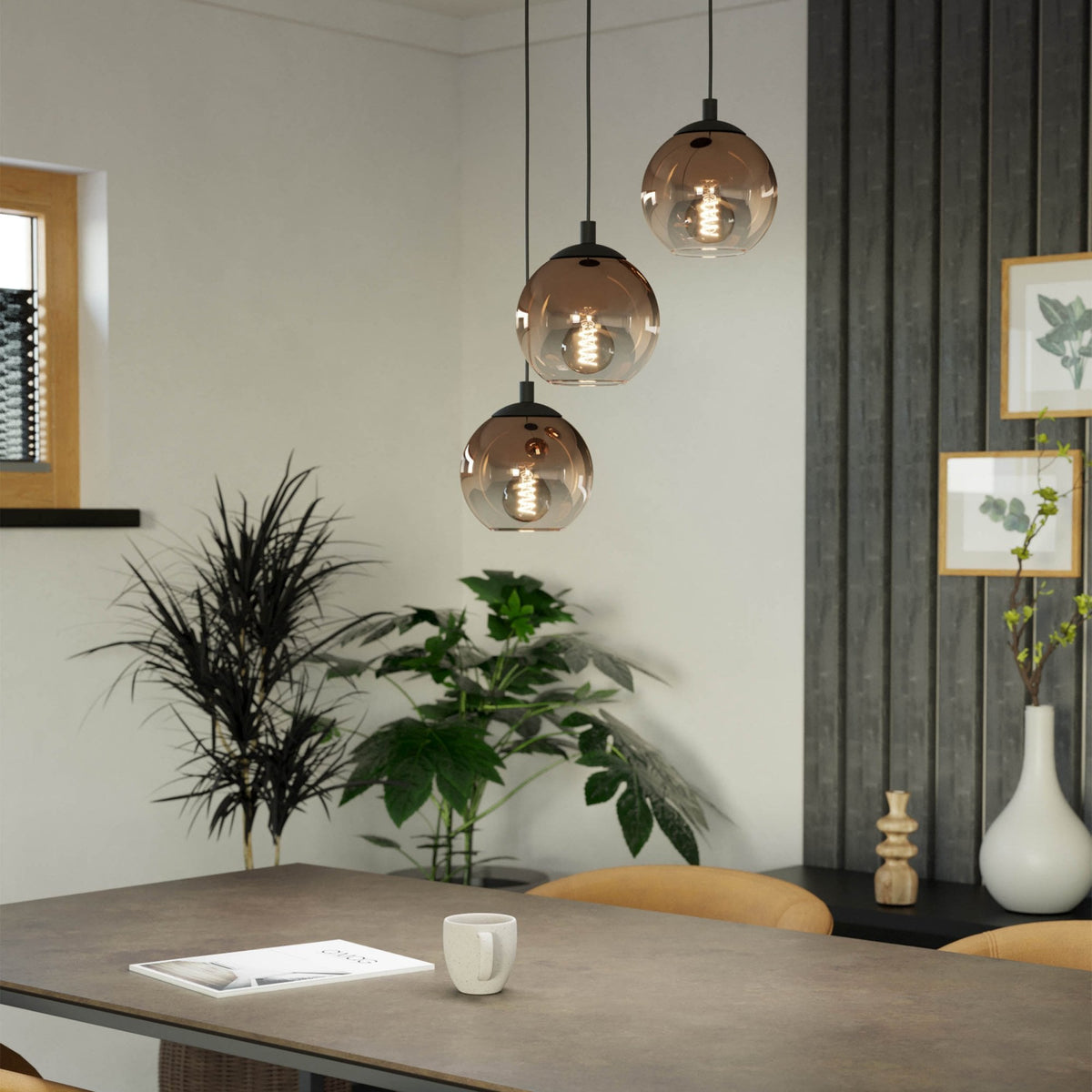 Ariscani 1 Triple Drop Cluster Pendant Light in Black with Copper Ombre Effect Vaporized Glass