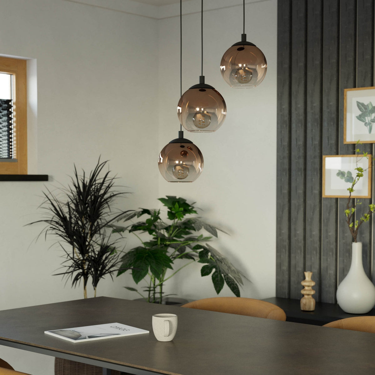 Ariscani 1 Triple Drop Cluster Pendant Light in Black with Copper Ombre Effect Vaporized Glass