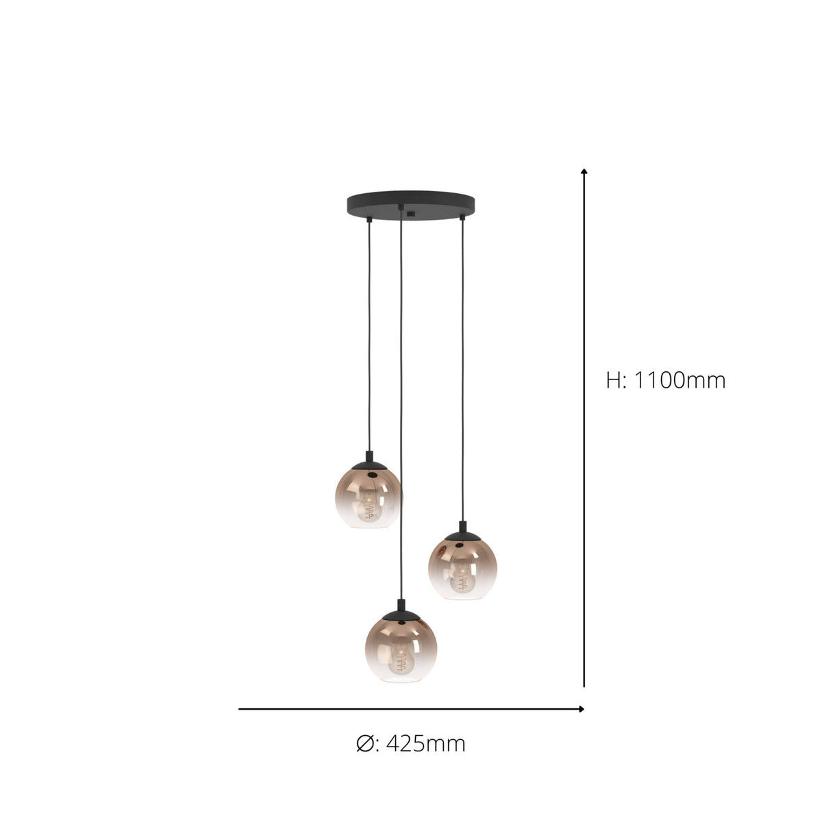 Ariscani 1 Triple Drop Cluster Pendant Light in Black with Copper Ombre Effect Vaporized Glass