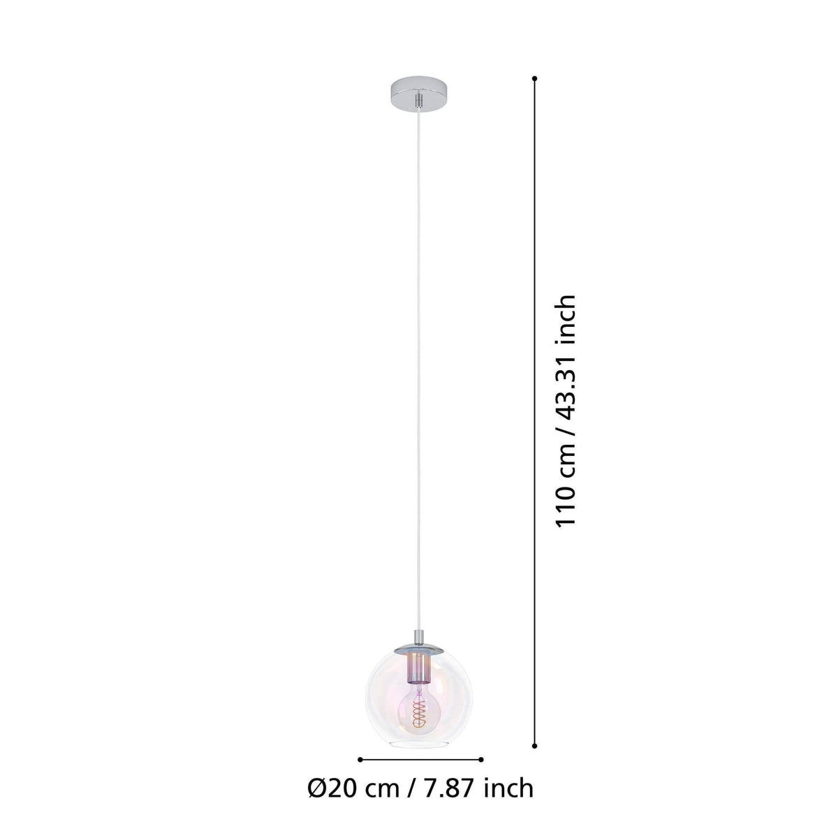 Ariscani 2 Single Drop Pendant Light in Chrome with Iridescent Glass Globe