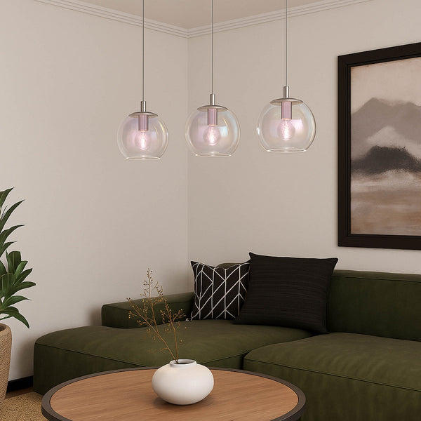 Ariscani 2 Triple Drop Linear Pendant Light in Chrome with Iridescent Glass Globes
