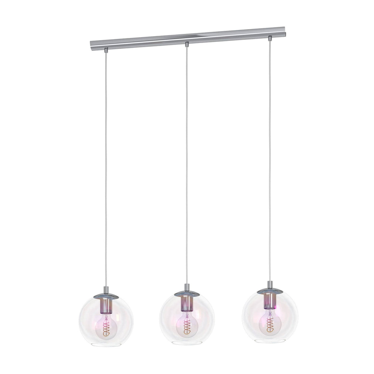 Ariscani 2 Triple Drop Linear Pendant Light in Chrome with Iridescent Glass Globes