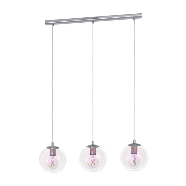 Ariscani 2 Triple Drop Linear Pendant Light in Chrome with Iridescent Glass Globes