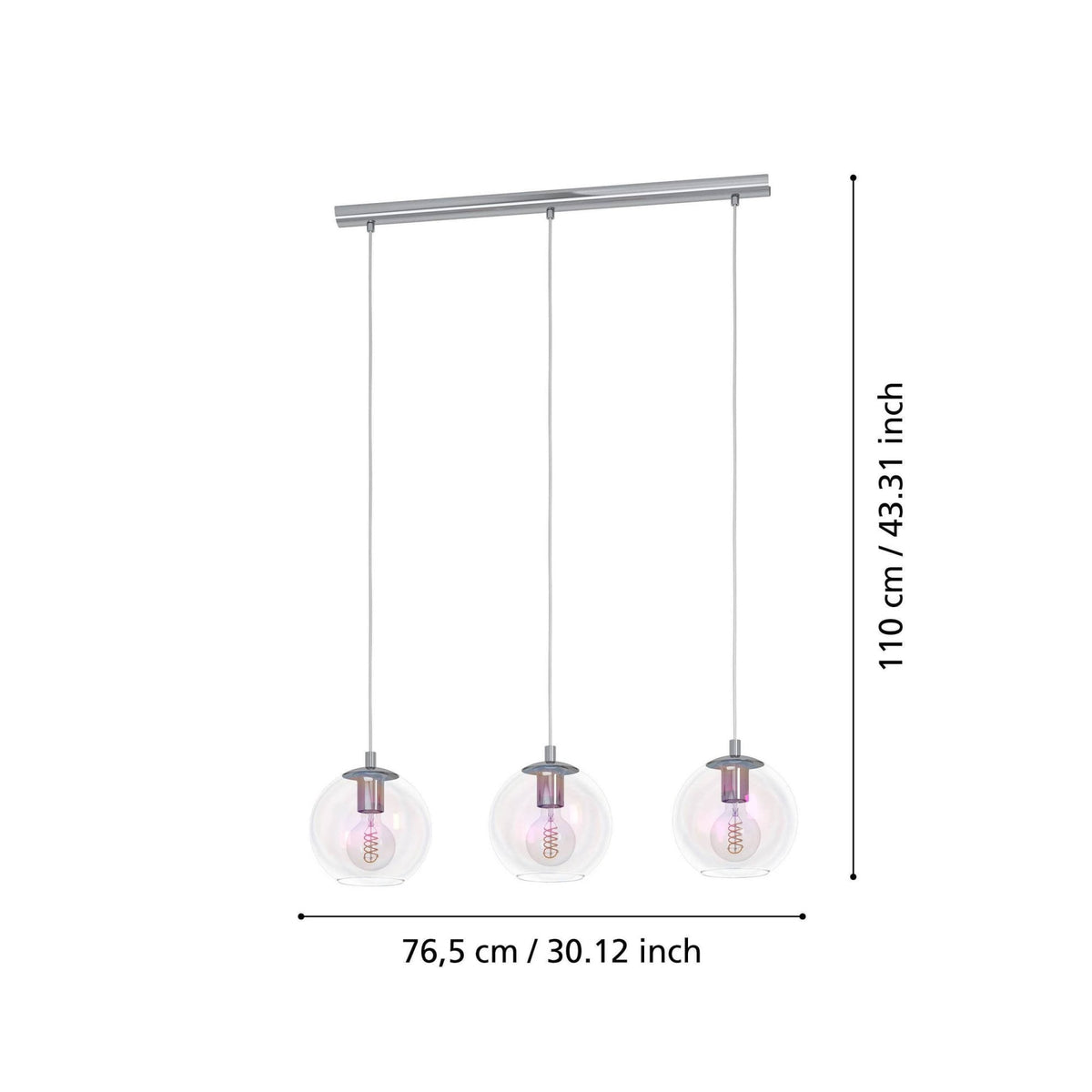 Ariscani 2 Triple Drop Linear Pendant Light in Chrome with Iridescent Glass Globes