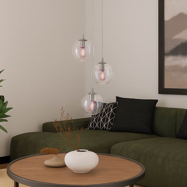 Ariscani 2 Triple Drop Cluster Pendant Light in Chrome with Iridescent Glass Globes