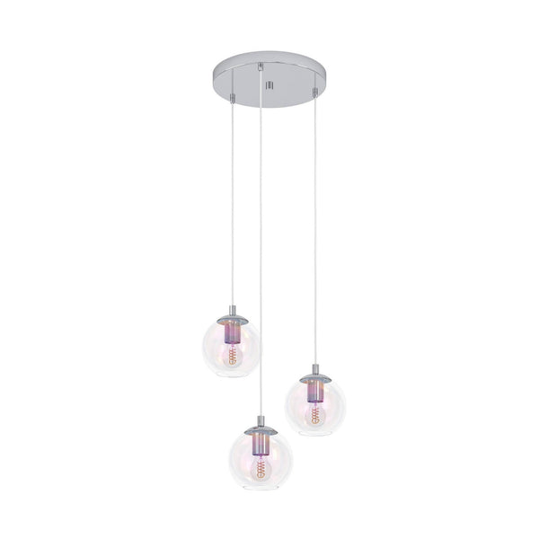 Ariscani 2 Triple Drop Cluster Pendant Light in Chrome with Iridescent Glass Globes