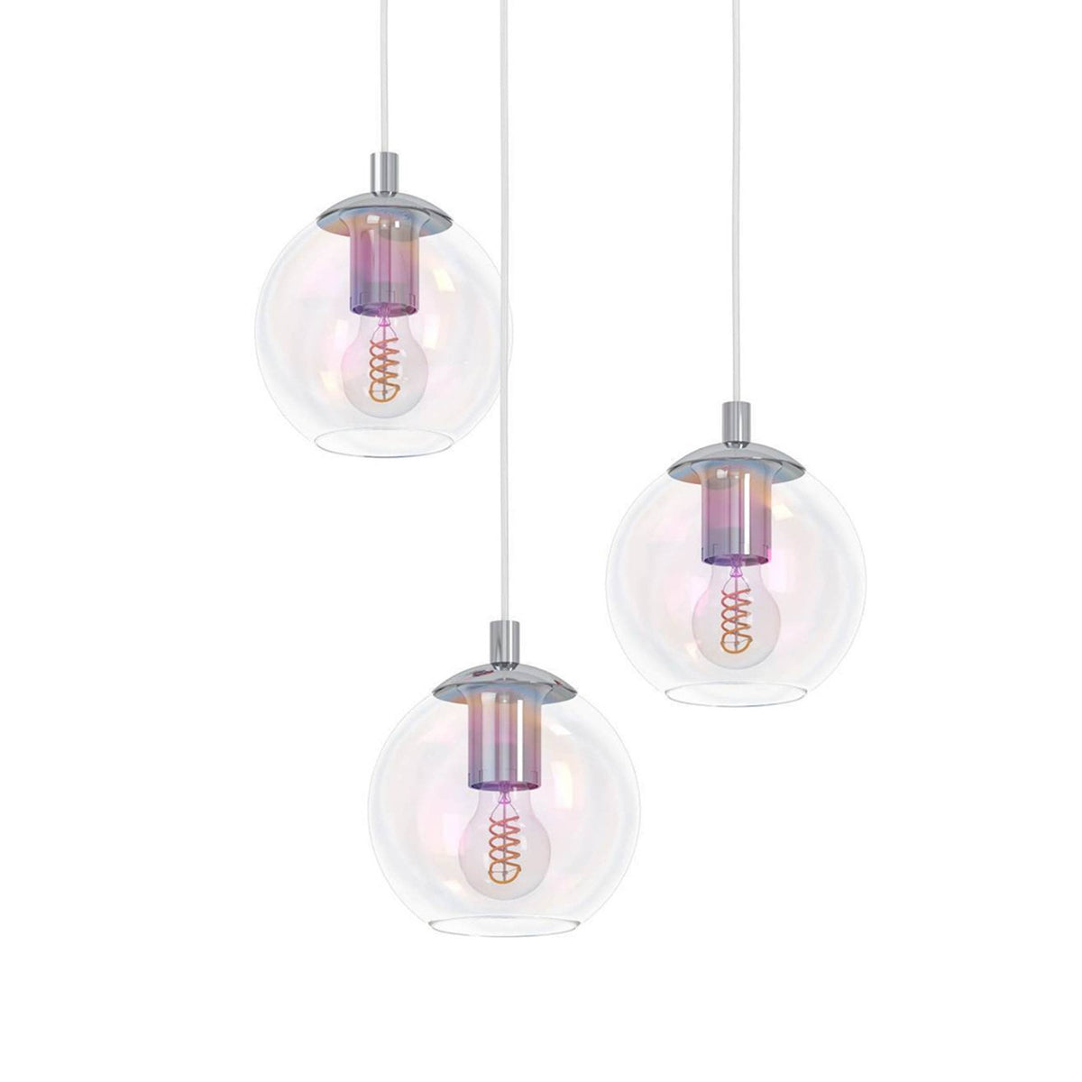 Ariscani 2 Triple Drop Cluster Pendant Light in Chrome with Iridescent Glass Globes