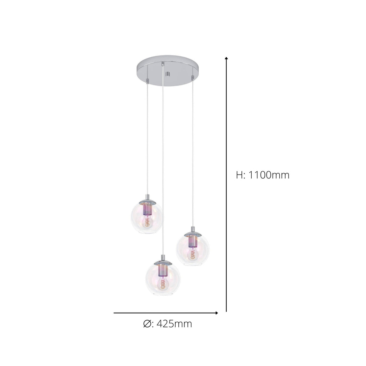 Ariscani 2 Triple Drop Cluster Pendant Light in Chrome with Iridescent Glass Globes