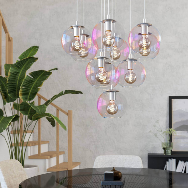 Ariscani 2 Ten Drop Cluster Pendant Light in Chrome with Iridescent Glass Globes