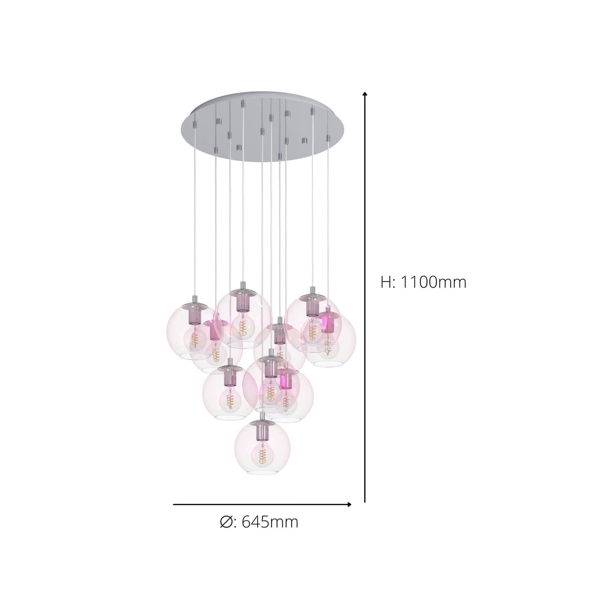 Ariscani 2 Ten Drop Cluster Pendant Light in Chrome with Iridescent Glass Globes