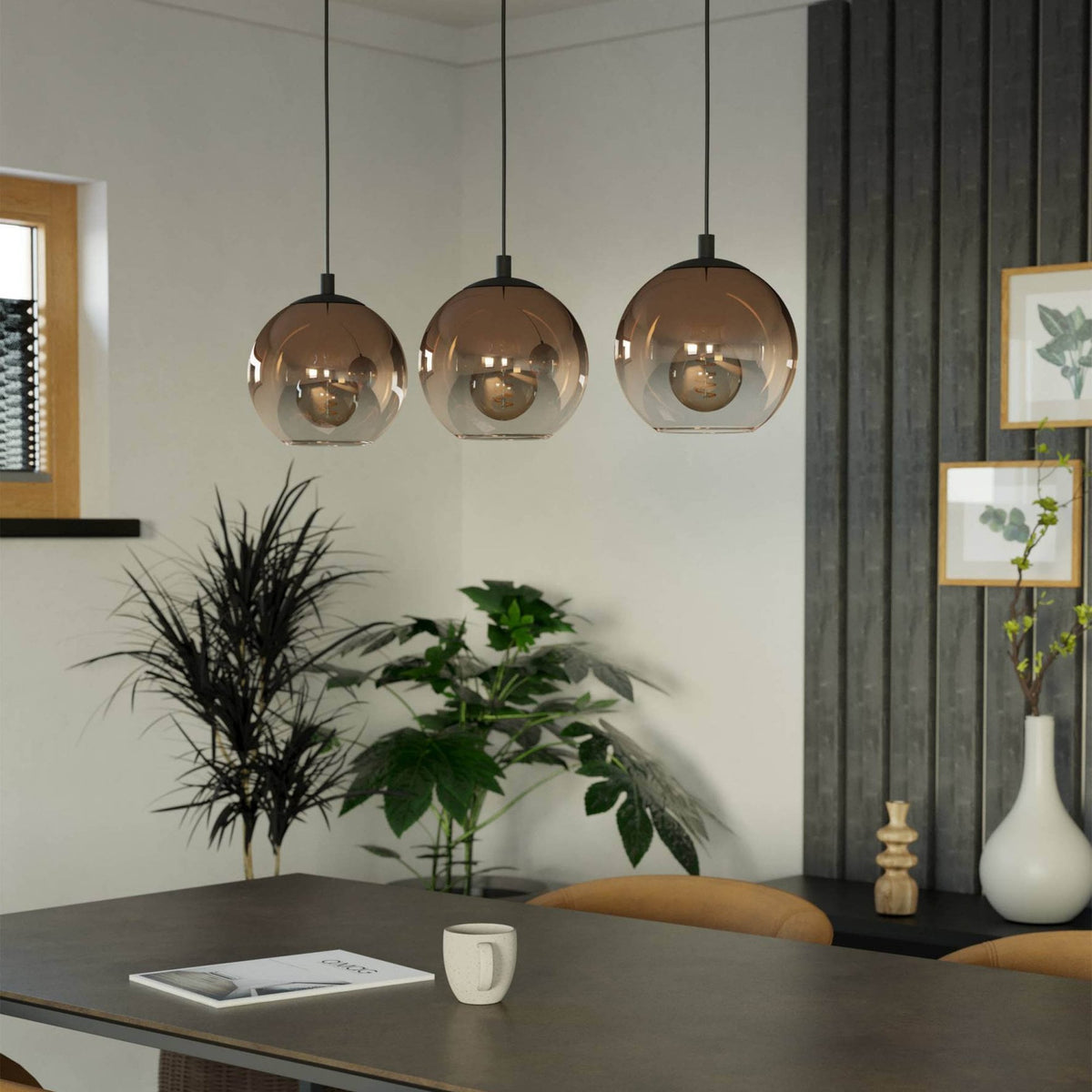 Ariscani 1 Triple Drop Linear Pendant Light in Black with Copper Ombre Effect Vaporized Glass