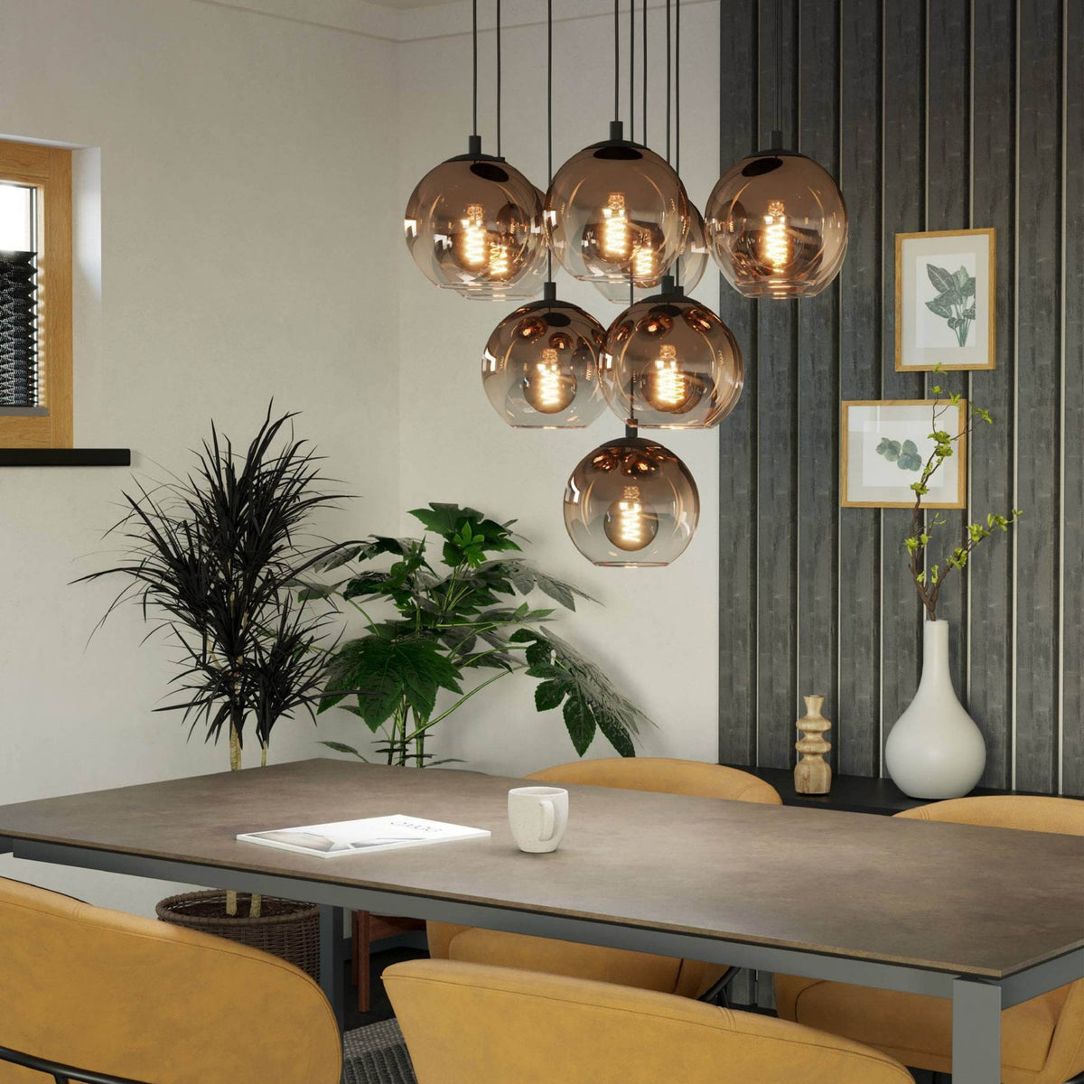 Ariscani 1 Ten Drop Cluster Pendant Light in Black with Copper Ombre Effect Vaporized Glass