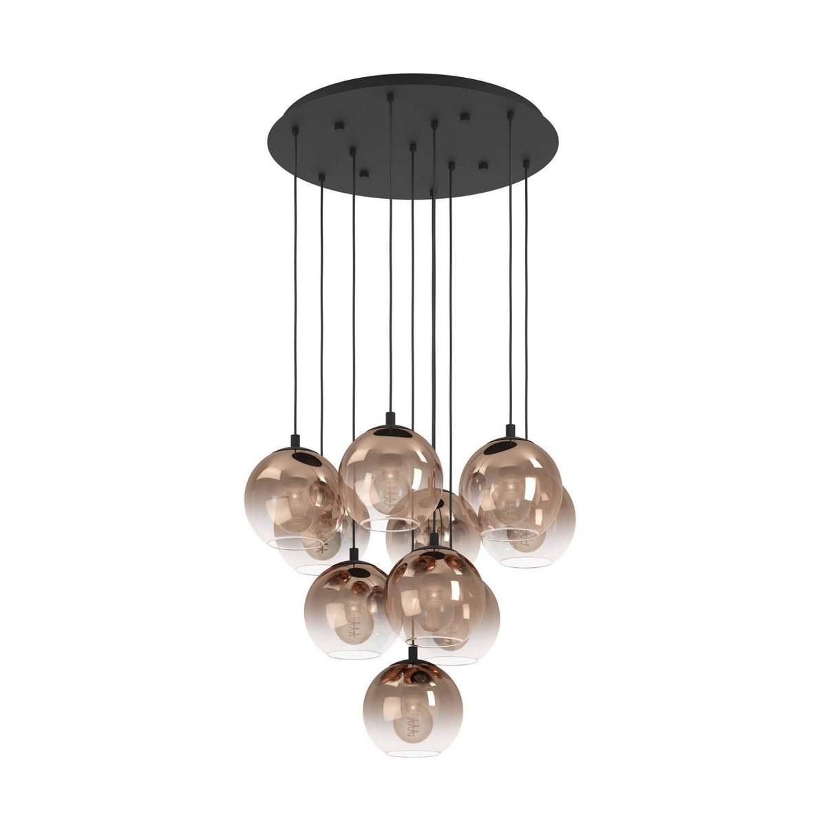 Ariscani 1 Ten Drop Cluster Pendant Light in Black with Copper Ombre Effect Vaporized Glass