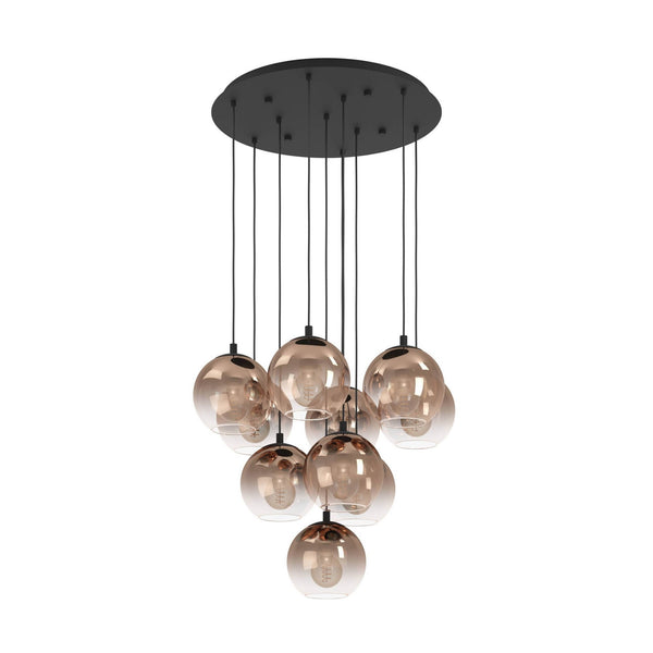 Ariscani 1 Ten Drop Cluster Pendant Light in Black with Copper Ombre Effect Vaporized Glass
