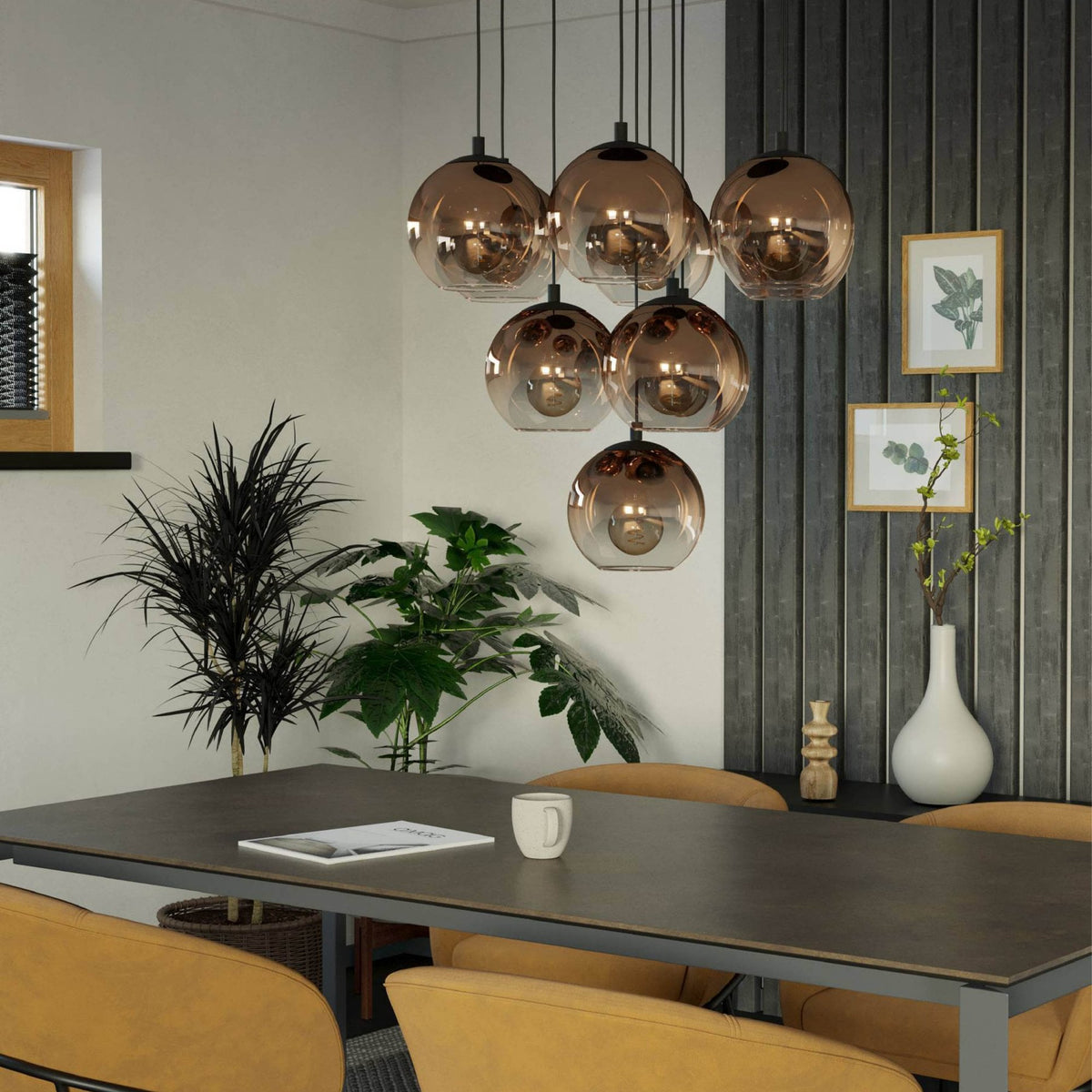 Ariscani 1 Ten Drop Cluster Pendant Light in Black with Copper Ombre Effect Vaporized Glass