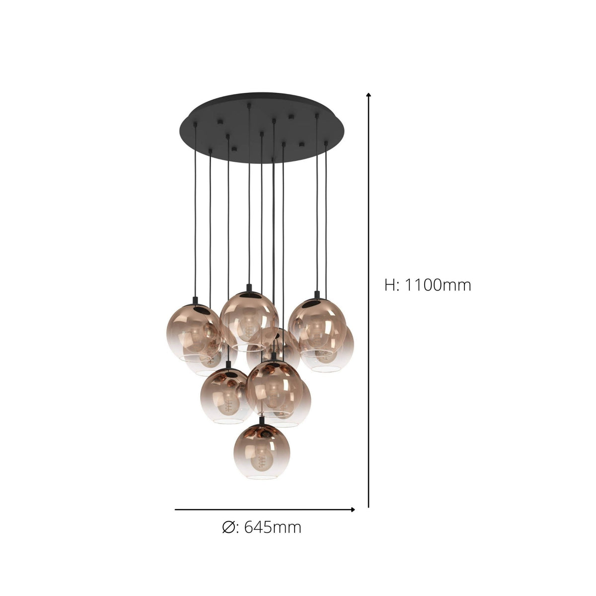 Ariscani 1 Ten Drop Cluster Pendant Light in Black with Copper Ombre Effect Vaporized Glass
