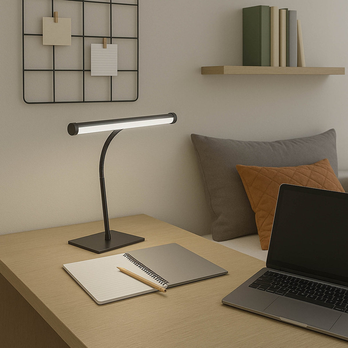 Eglo Riccione LED Tuneable White Desk Lamp in Black Nickel on a wooden desk with a laptop and notebook