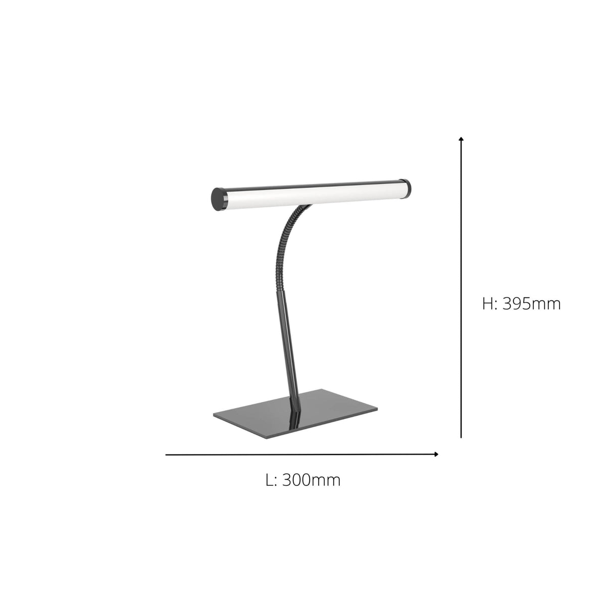 Black desk lamp with a flexible neck and a horizontal LED light bar, dimensions 395mm H x 300mm L