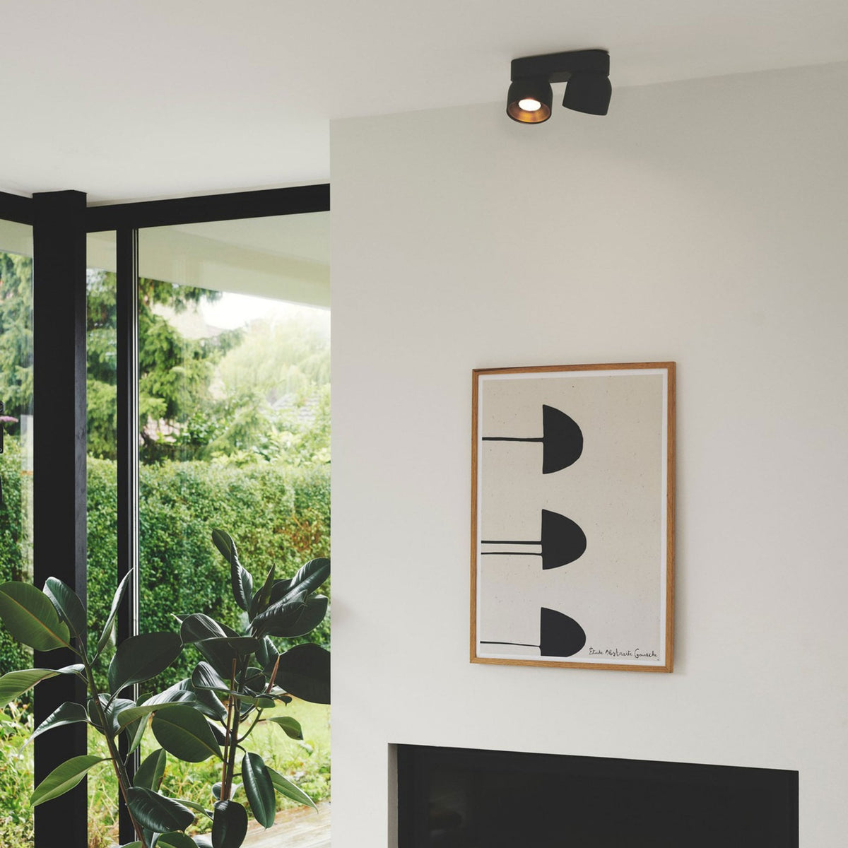Nordlux Pitcher Surface Mounted Adjustable Twin Downlight in Black on a white ceiling