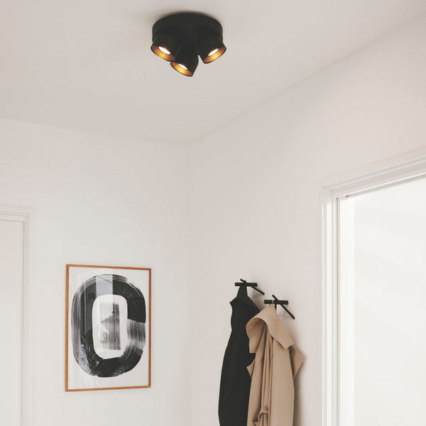 A black three-spot ceiling light illuminates a minimalist white hallway with a framed print.