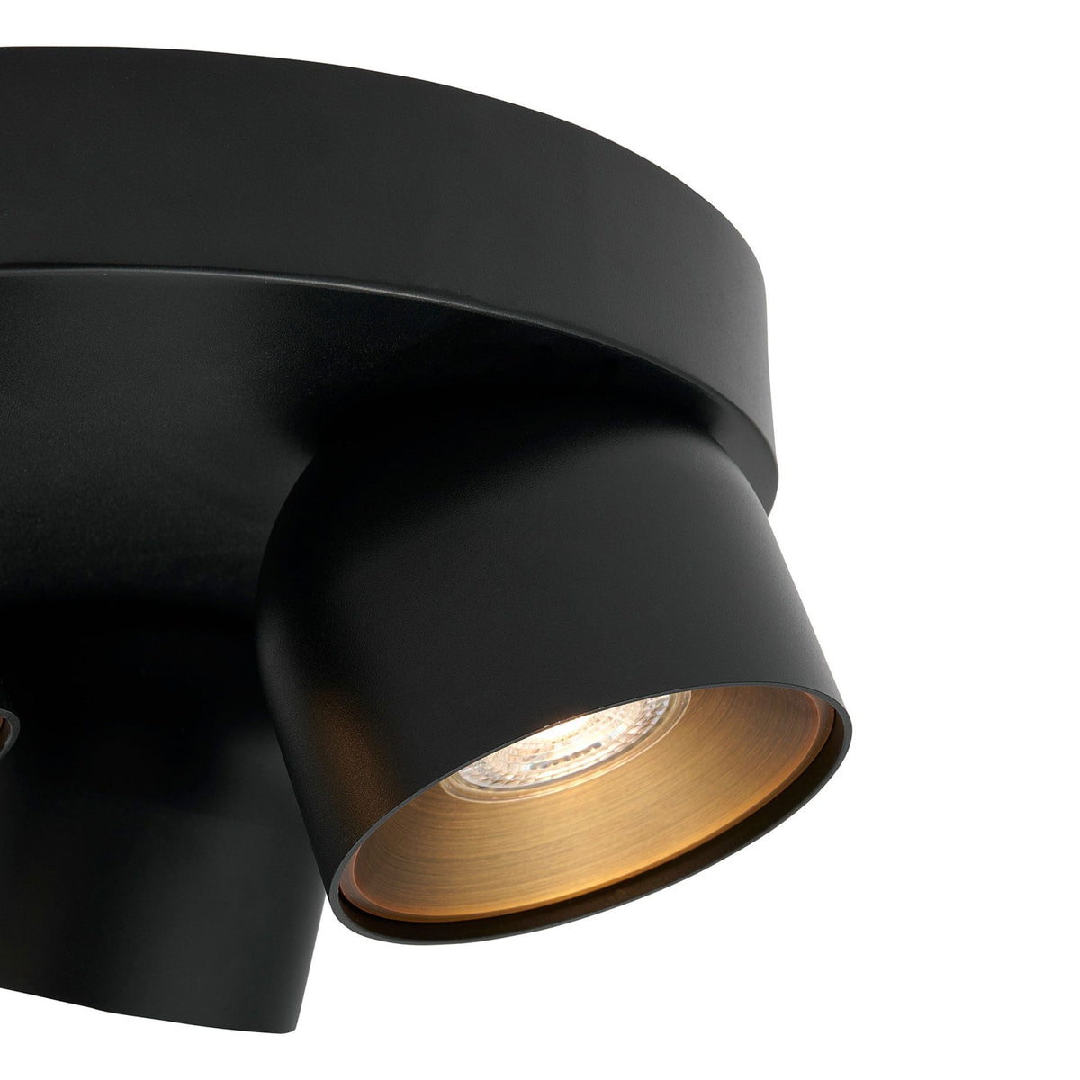 Close-up of a black adjustable spot light with a golden interior, showing detailed design.