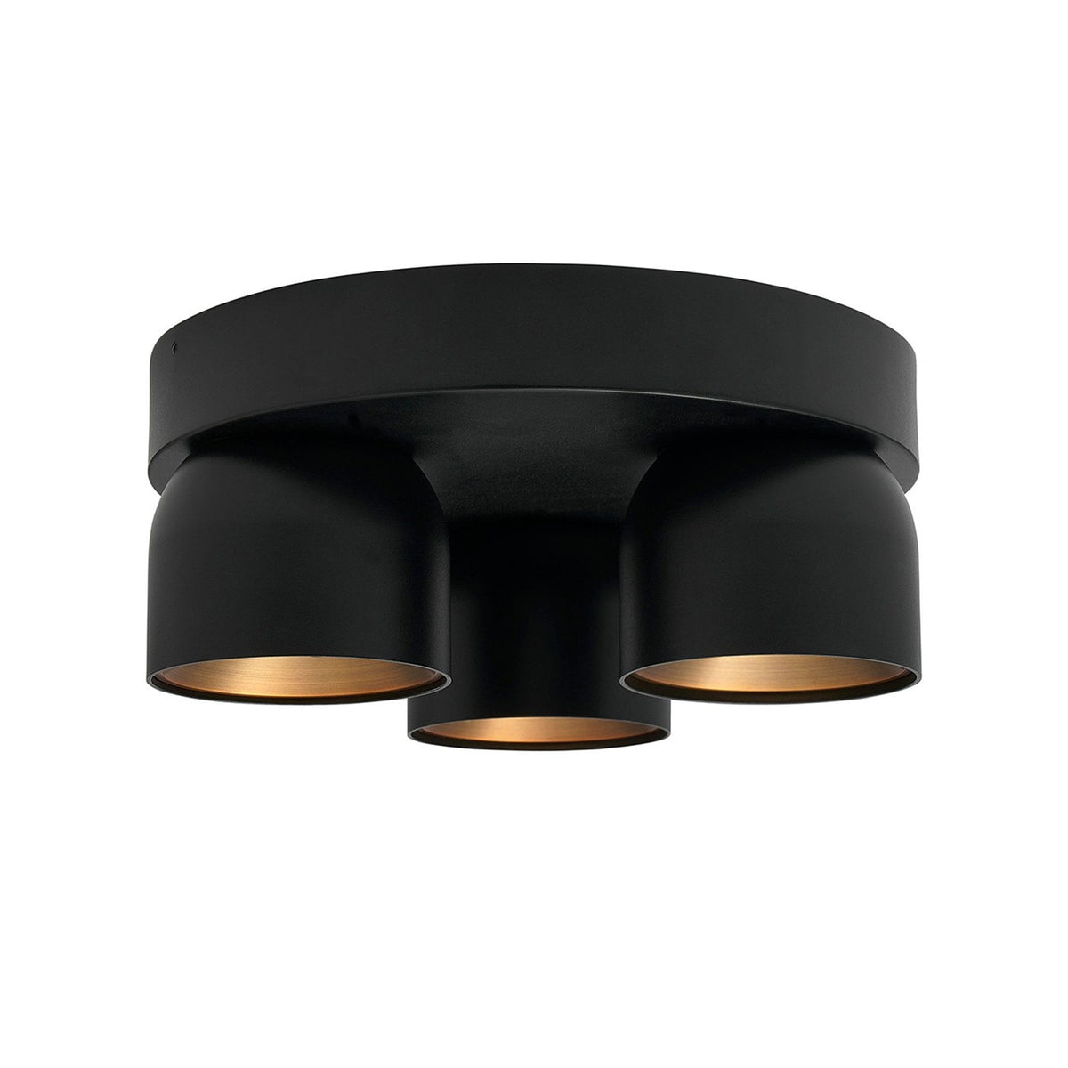 Front view of a black three-spot ceiling light, showcasing its sleek, modern design.