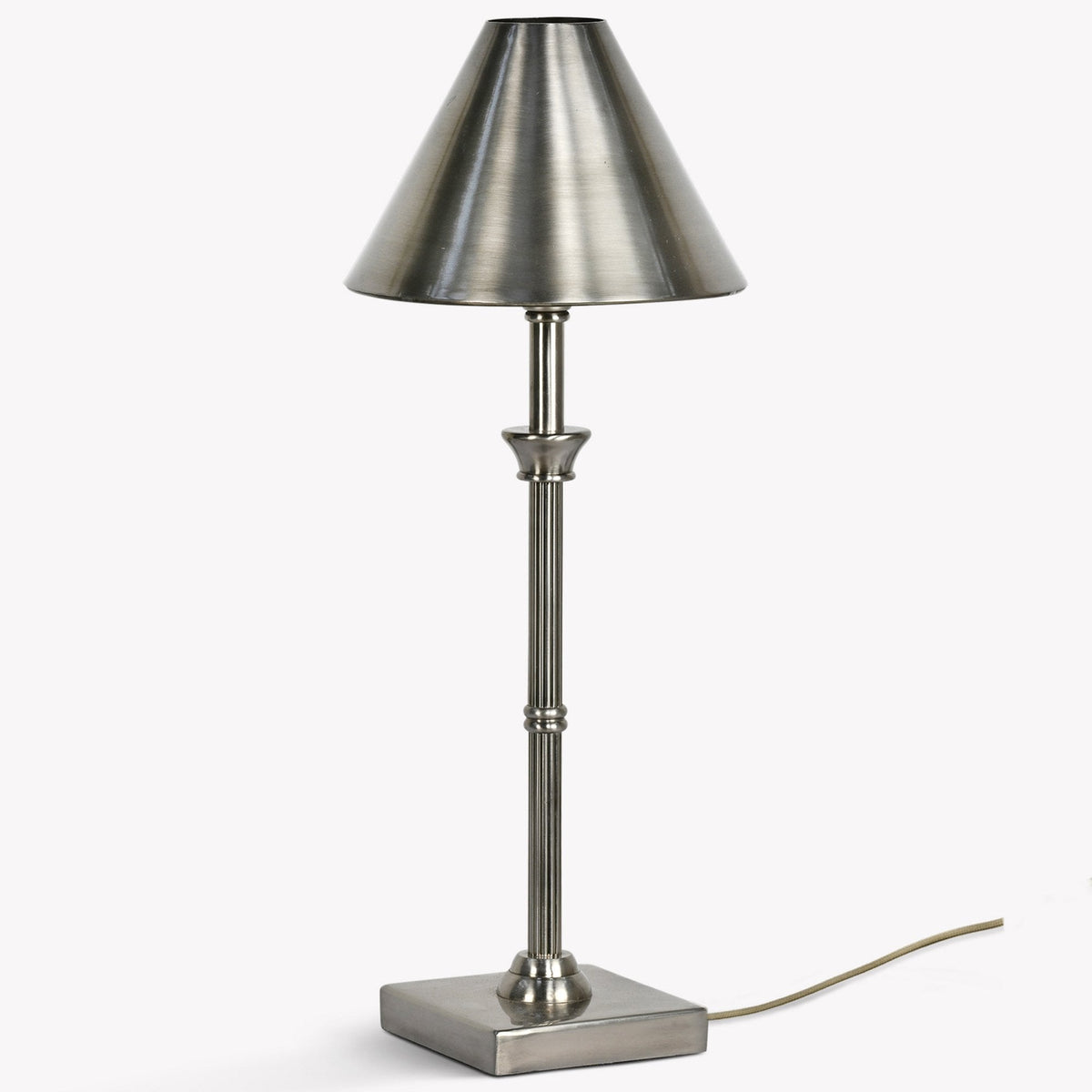Brushed nickel table lamp with a conical shade and square base.