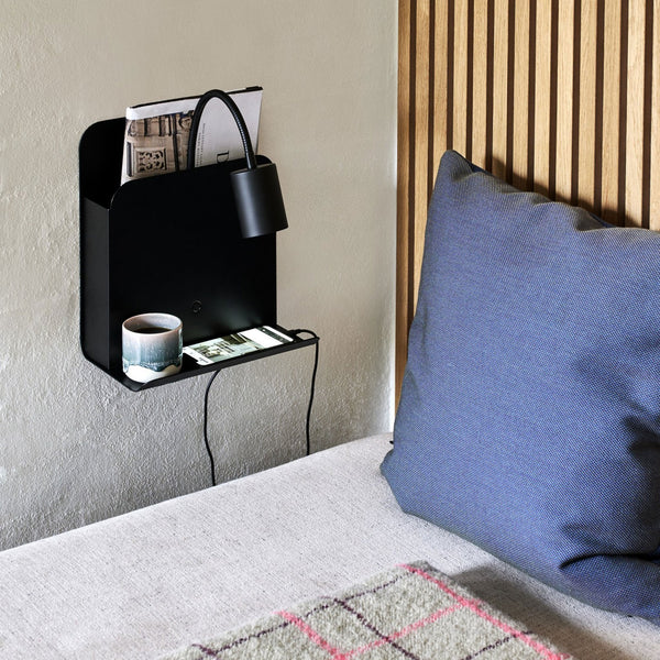 Roomi Plugged Reader Light In Black with Shelf & USB Outlet