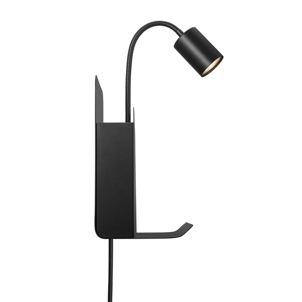 Roomi Plugged Reader Light In Black with Shelf & USB Outlet