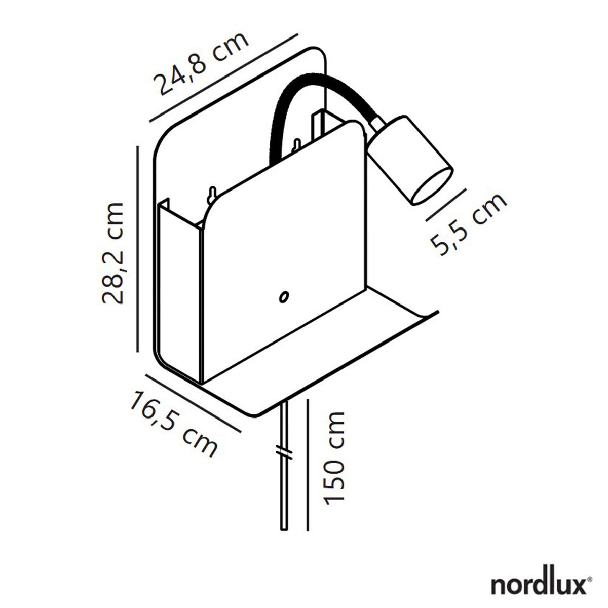 Line drawing showing the dimensions of the white wall shelf with light.