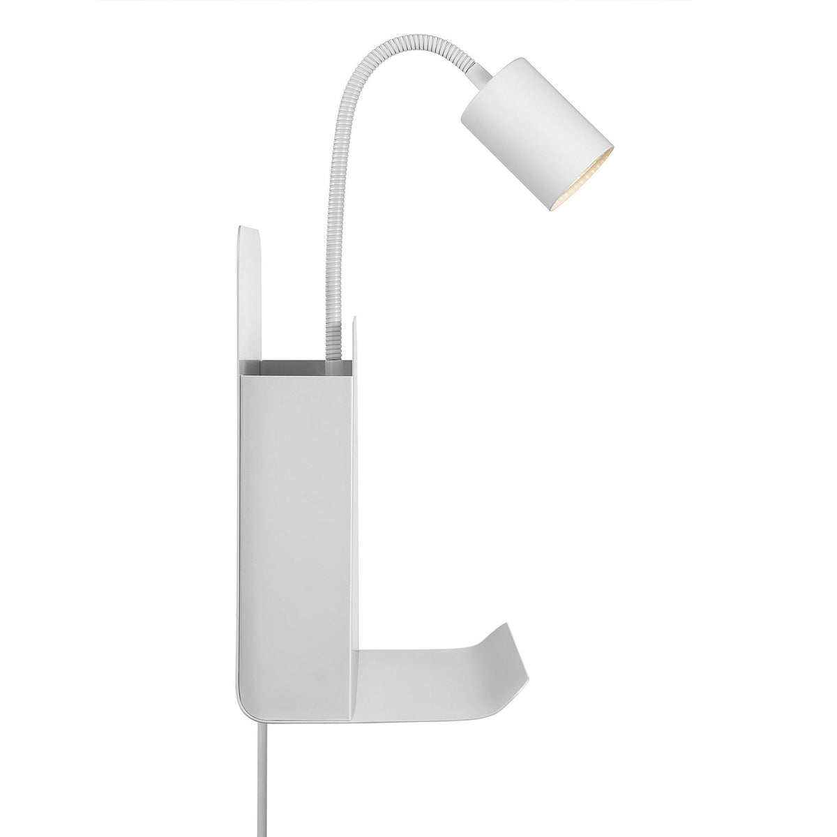 Side profile of a white wall-mounted shelf with an attached gooseneck lamp.