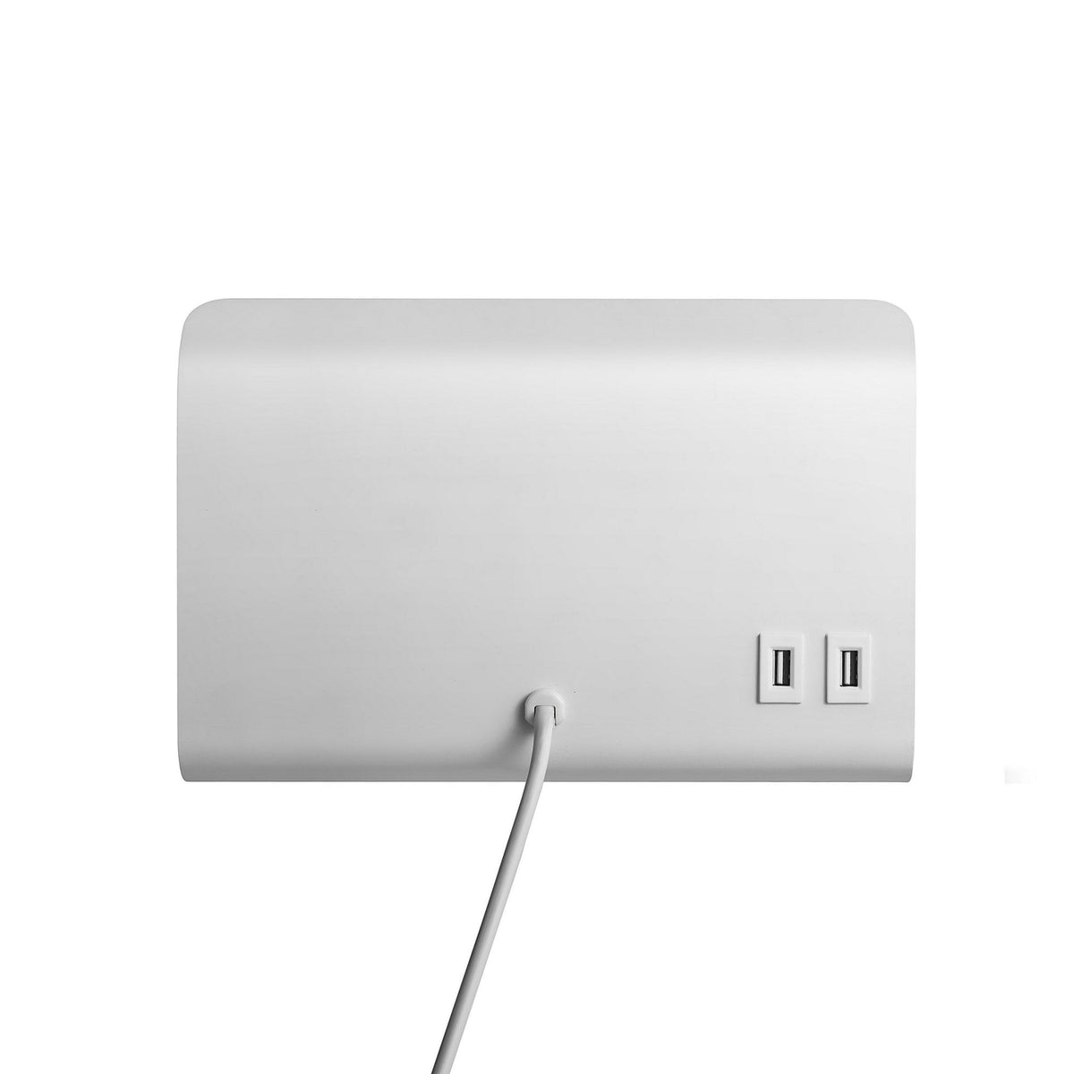 Rear view of the white wall-mounted shelf showing the power cord and USB ports.