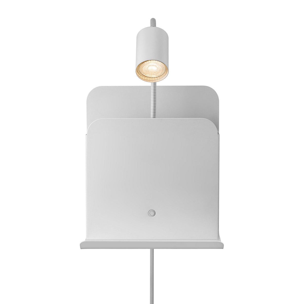 Front view of the white wall shelf with a light and storage compartment.